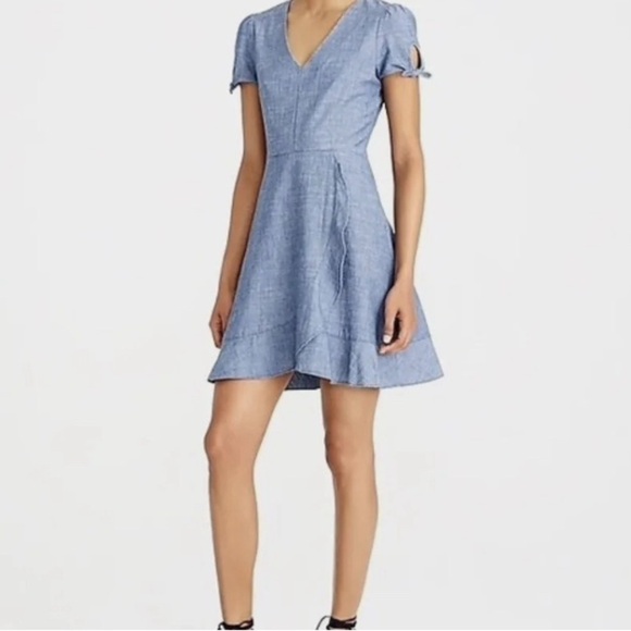 J. Crew Short Sleeve V-Neck Faux Wrap Ruffle Chambray Mini Dress Preppy - Sz 00 - Picture 4 of 15